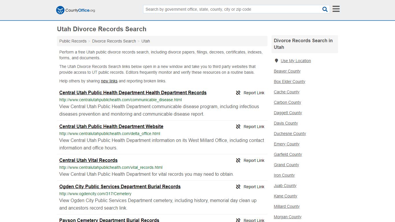 Utah Divorce Records Search - County Office
